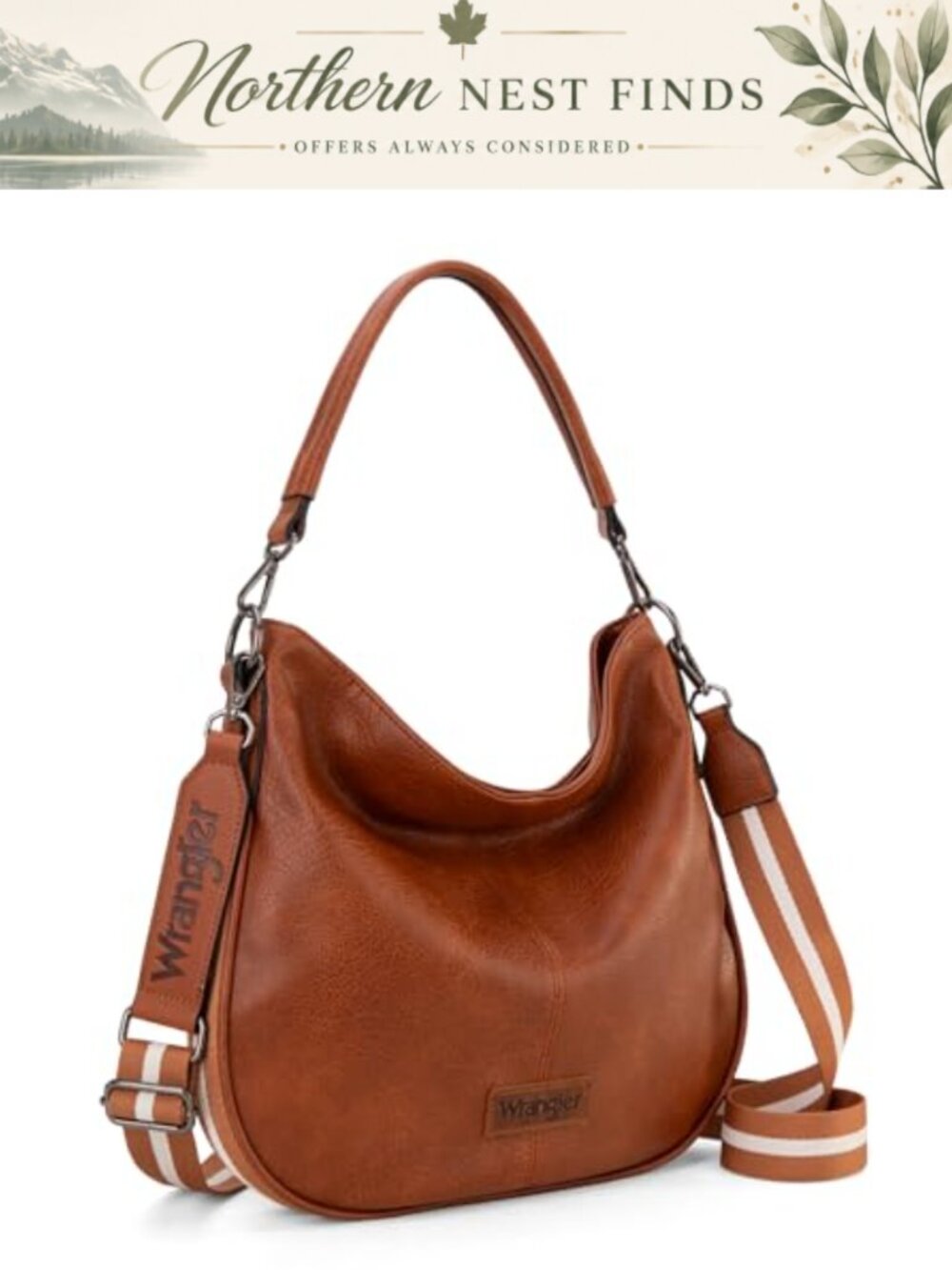Vegan leather hobo shoulder bag with striped cotton straps